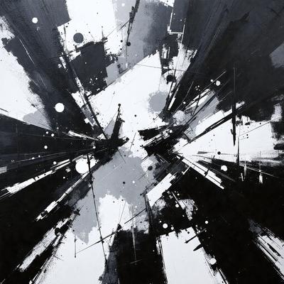 The primary subject of the image is a black and white painting featuring a white circle in the center. The setting is a black background, and the visual style appears to be a combination of digital art and illustration. The dominant colors are black and white, creating a mood of contrast and simplicity.